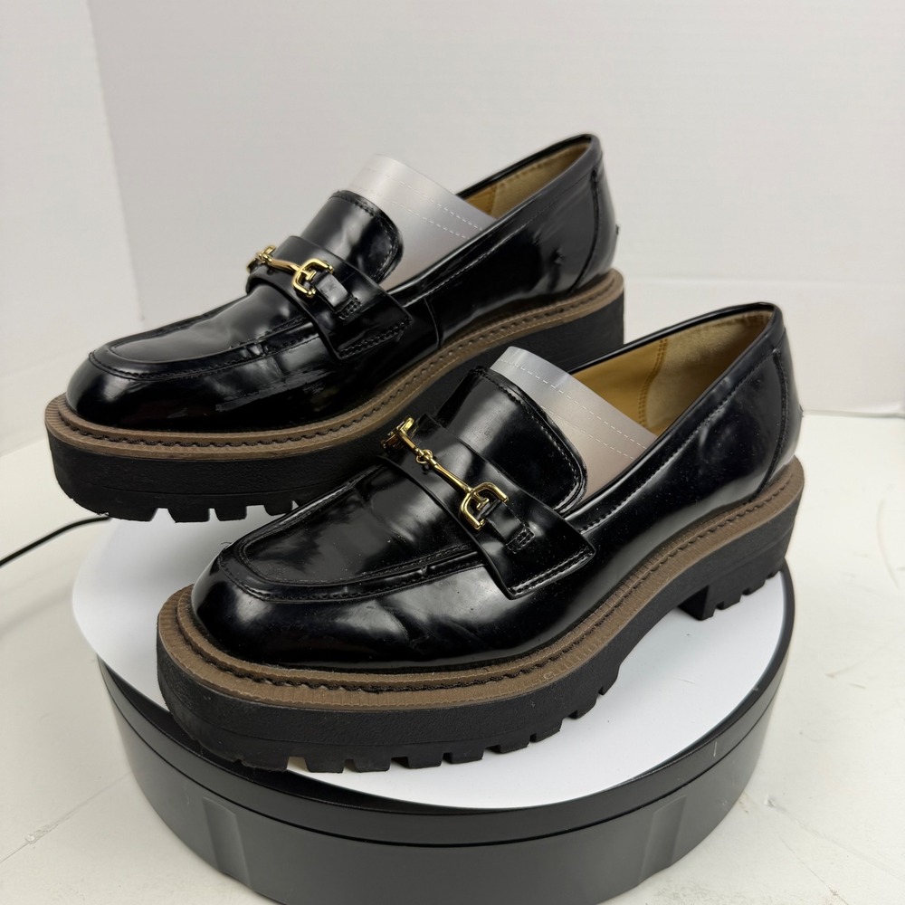 Sam Edelman Black Patent Leather Lug Sole Loafers with Gold Bit
